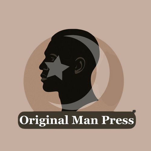 Logo of Original Man Press with a silhouette of a man's head on a beige background